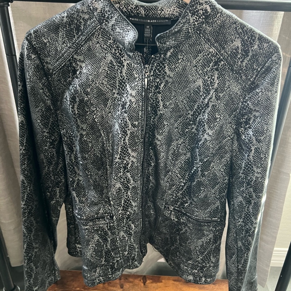 Black and gray snakeskin bomber jacket.
